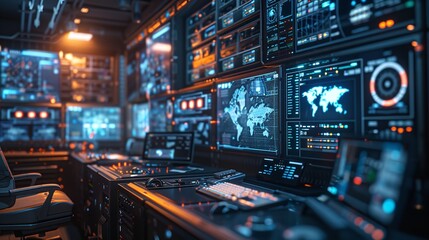 Naklejka premium High-tech control room with monitors displaying graphs and various data