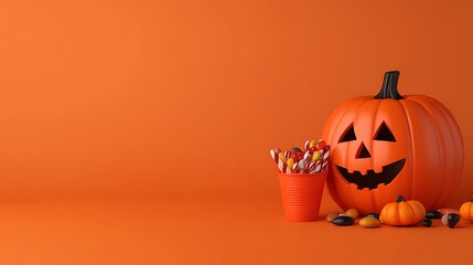 Halloween decoration with a carved pumpkin, candy, and a vibrant orange background. Perfect for festive and spooky themed projects.