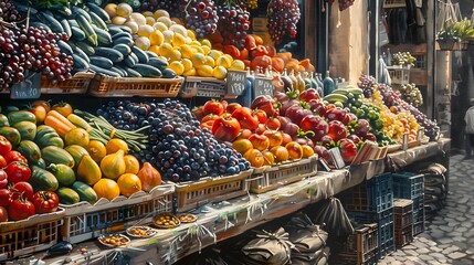 Obraz premium Bustling market stall laden with colorful produce, each fruit and vegetable detailed in rich oil paint, vibrant and full of energy, hand brush painted