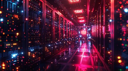Fototapeta premium Futuristic server room with glowing neon lights. 3D rendering, Big Data Protection, Storage, Cryptocurrency Farm, Cloud Computing, Ai