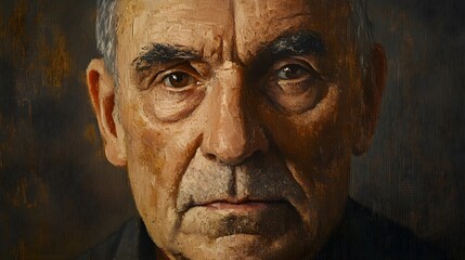 Elderly man's portrait in oil painting, thick and textured brushstrokes emphasizing the lines of age, warm color palette, traditional art.