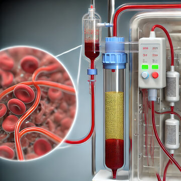 A detailed of a dialysis machine connected to a patient undergoing hemodialysis treatment. focus on the process of blood filtration, showing the blood entering and leaving the dialysis machine.