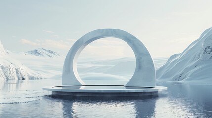 2. Frozen lake in ice landscape, circular ice podium, large arch structure, snowy mountain backdrop, pale sky, winter scene, 3D photorealistic rendering, minimalist product display, cold color tones,