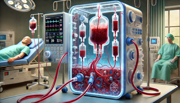A detailed of a dialysis machine connected to a patient undergoing hemodialysis treatment. focus on the process of blood filtration, showing the blood entering and leaving the dialysis machine.