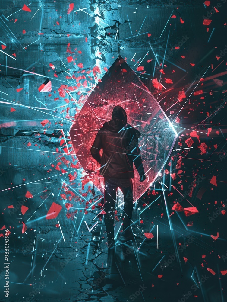 Aufkleber A lone hacker shatters a digital firewall, with colorful fragments scattering in a dark, futuristic setting, highlighting cybersecurity threats. Generative AI
