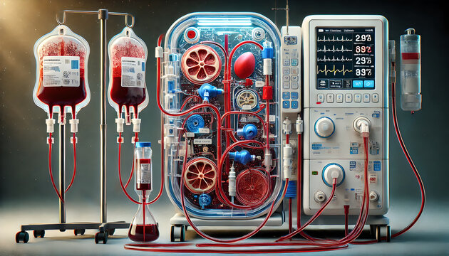 A detailed of a dialysis machine connected to a patient undergoing hemodialysis treatment. focus on the process of blood filtration, showing the blood entering and leaving the dialysis machine.