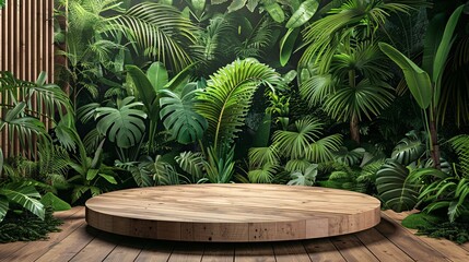 Fototapeta premium 3. Wooden circular platform in tropical indoor garden, lush green foliage, palm fronds, ferns, monstera leaves, geometrical green backdrop, product display stage, jungle-inspired interior, various