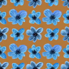 Obraz premium Watercolour blue delicate flowers illustration seamless pattern. On brown background. Hand painted floral elements. Drawn Botanical. For fabric, wallpaper, wrapping. Summer, spring vibes print decor