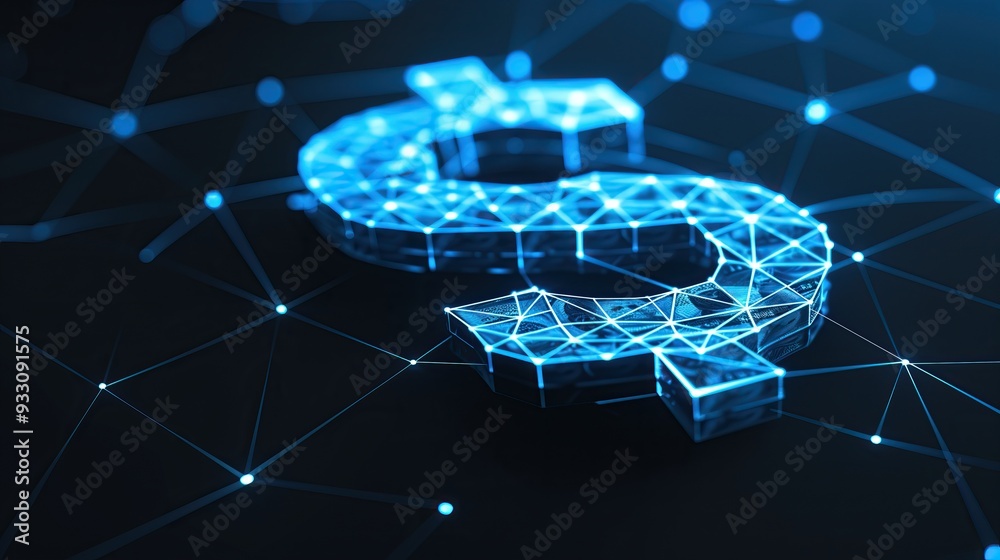 Poster digital dollar sign with glowing connection network lines on dark background