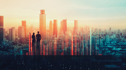 Fototapeta premium Abstract business team stands on the peak of success amid tall, innovative Smart city and graphs with statistics to analyze business potential and predict future developments in company growth.