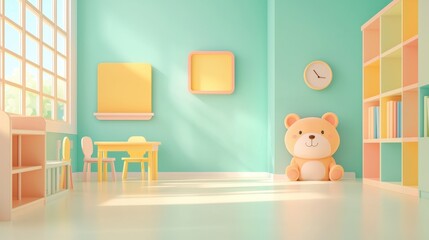 Bright and cheerful kid's room featuring soft colors, a teddy bear, and playful decor, perfect for a child's creative space.