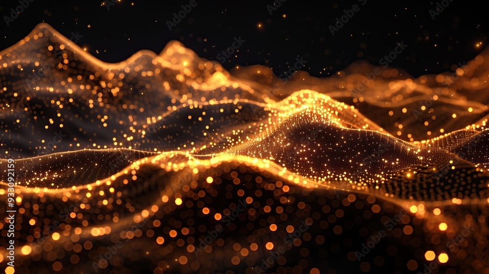 Poster abstract tech dots bokeh waves gold black background