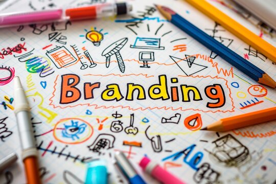 Vivid and colorful conceptual business photo highlighting the word 'branding' surrounded by creative doodles and marketing symbols