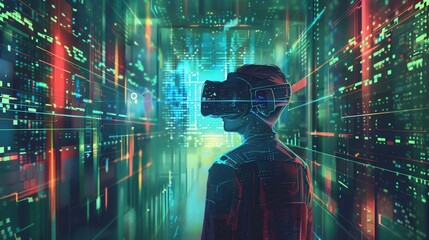 A hacker navigates a vibrant virtual realm, surrounded by digital locks and cascading streams of code, immersed in a high-tech experience. Generative AI