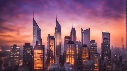 Fototapeta premium A city skyline at dusk with the sun setting behind the buildings