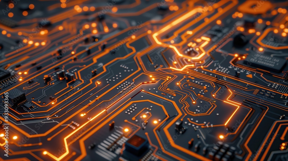 Poster abstract close-up of circuit board with glowing orange lines advance technology background