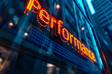 Vibrant neon signage spelling out 'performance' reflects the pursuit of excellence in a dynamic business setting