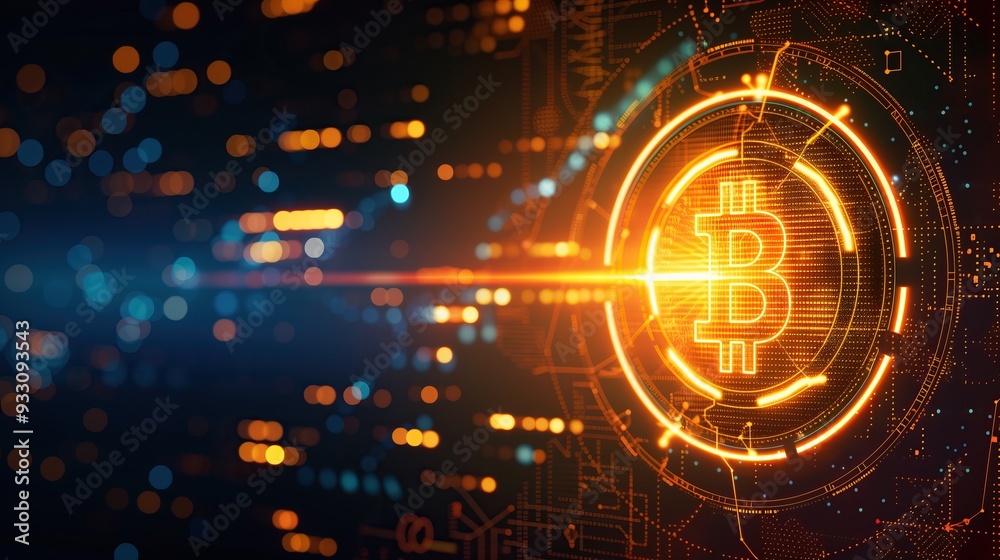 Aufkleber glowing Bitcoin symbol on dark bokeh dots tech coding crypto currency background