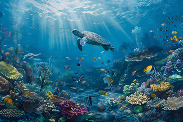 Obraz premium Tranquil Underwater World - An Enchanting Glimpse of Marine Life and Vibrant Coral Reefs Beneath the Ocean's Surface