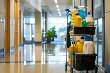 Professional janitorial cart with cleaning supplies in corporate office environment