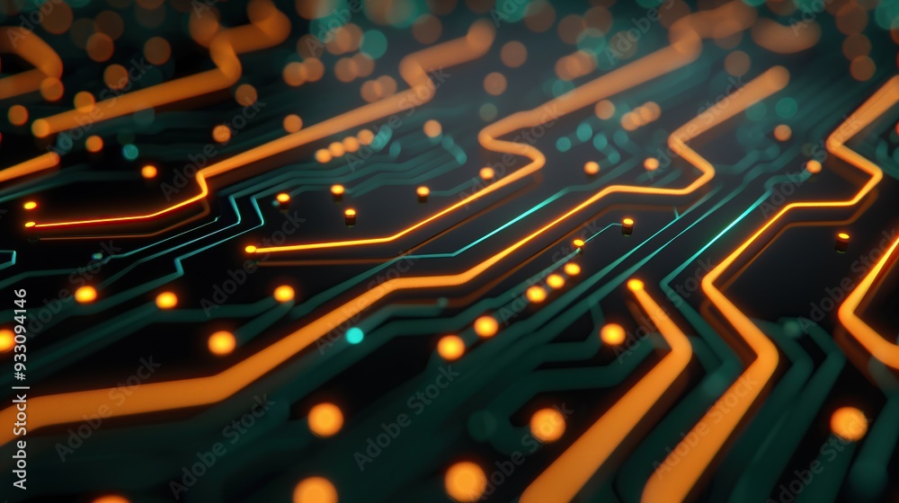 Poster close up of illuminated circuit board lines dots technology background