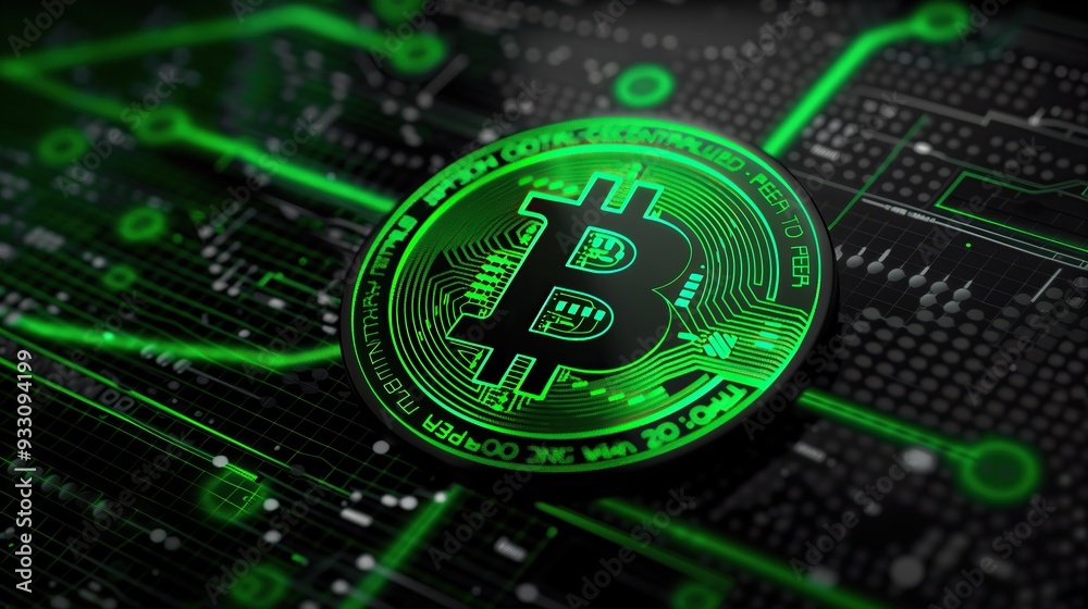 Poster close-up of bitcoin coin symbol glowing green abstract circuit tech crypto background