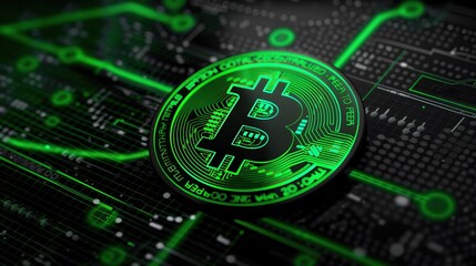 close-up of Bitcoin coin symbol glowing green abstract circuit tech crypto background