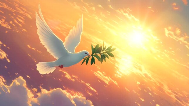A white dove carrying an olive branch flying above a peaceful world with a gentle sunrise. Looping 4k video animation background