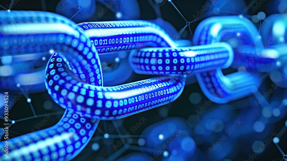 Poster Abstract digital block chain link with binary code advance cryptocurrency technology background