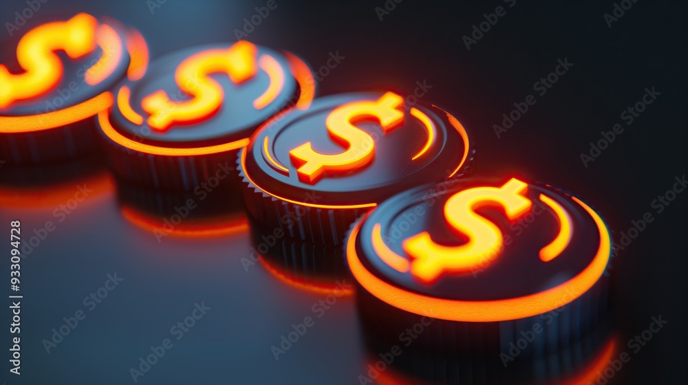 Poster close-up of glowing row dollar coins abstract technology financial background