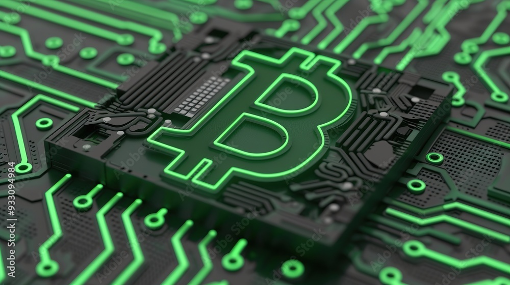 Poster bitcoin symbol on circuit board abstract advanced technology crypto currency background