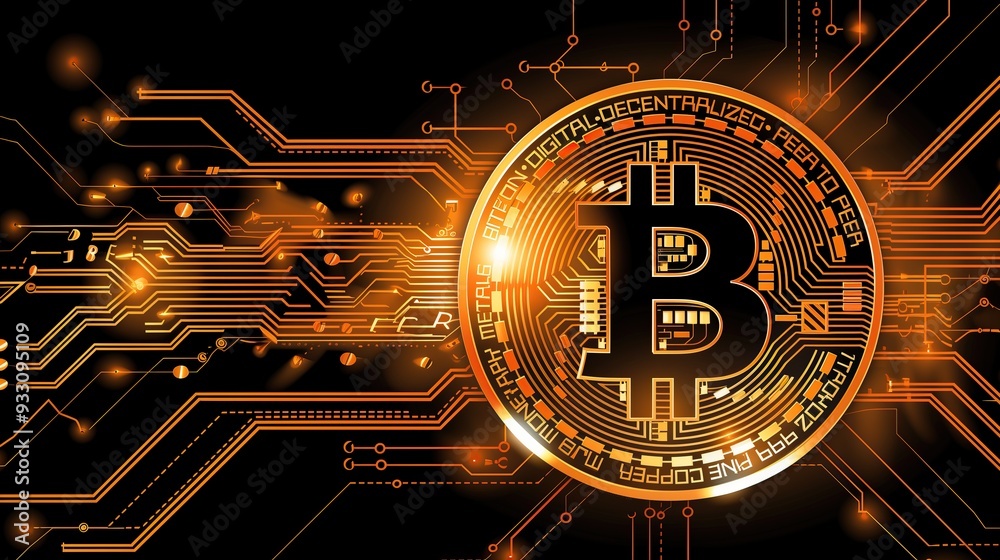 Poster glowing Bitcoin symbol on dark background with circuit board lines advance tech background