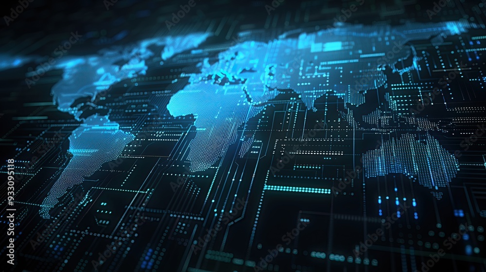 Poster digital rendering of abstract world map with tech lines network connection