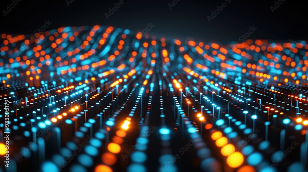 Poster abstract background with glowing blue orange lights dots bokeh technology network