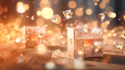 Fototapeta premium gift box with golden crystals on sparkling background. elegant and festive presentation.