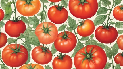Seamless design of flat watercolor tomatoes, diverse sizes, on a soft, light background, colorful and fresh
