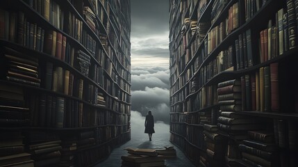 A person lost in a maze of towering, black legal books with an overcast sky visible through a large window, somber and diffuse lighting, detailed textures of old books, mood of feeling overwhelmed