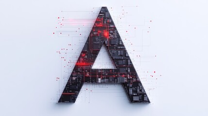 The letter "A" designed with futuristic technology elements, such as microchips and digital grids, standing out on a minimalist white background