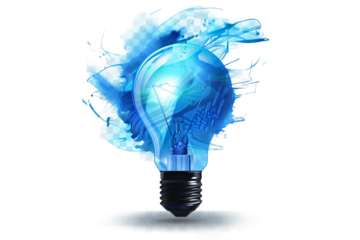 A light bulb is lit up in a blue and white background