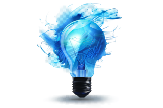 A light bulb is lit up in a blue and white background