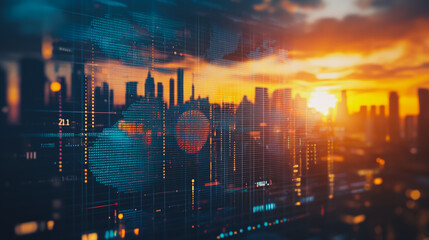 Fototapeta premium Abstract business team stands on the peak of success amid tall, innovative Smart city and graphs with statistics to analyze business potential and predict future developments in company growth.