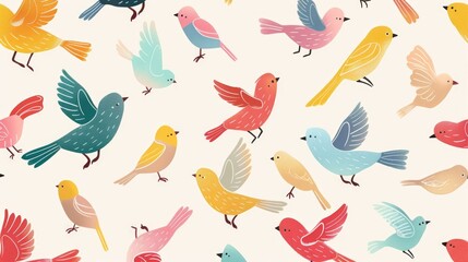 Collection of colorful cartoon birds soaring together, ideal for greeting cards or wallpapers.