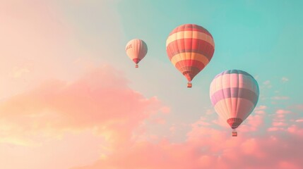 Fototapeta premium Colorful hot air balloons in soft pastel sky, adventure concept.