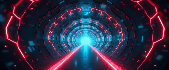 Fototapeta premium Futuristic Neon Lights Tunnel - Sci-Fi Corridor Design - Virtual Reality Experience - Red and Blue Light Effects