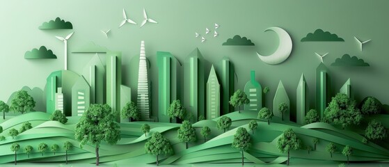 Green urban cityscape blending with nature, representing sustainable development and eco-friendly urban planning. Free copy space for text.