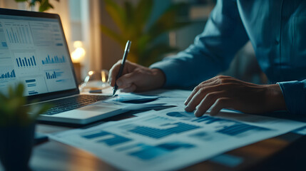 professional business financial advisor discussing investment plans client meeting charts documents laptop modern green office setting analysis trend analyze project report teamwork progress working