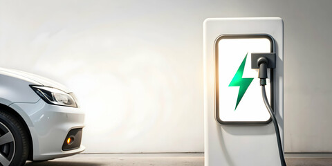 3d Flat icon as EV charger and a lightning bolt icon symbolizing fast charging with ample space for text. concept as An EV charger and a lightning bolt icon representing the concept of fast charging i