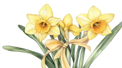 Obraz premium Hand painted watercolor illustration of yellow narcissus with a bow Spring flower artwork showcasing botanical daffodils for typography prints and designs