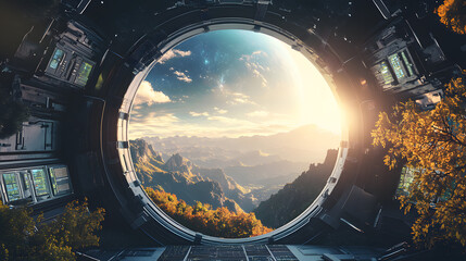 futuristic spacecraft interior circular window planet landscape view outer space universe alien adventure exploration science travel mountains ocean atmosphere galaxy technology fiction