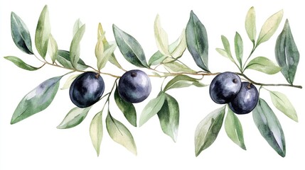Olive branch featuring black and green fruits Set of watercolor background illustrations Aquarelle fashion drawing isolated Square frame border ornament